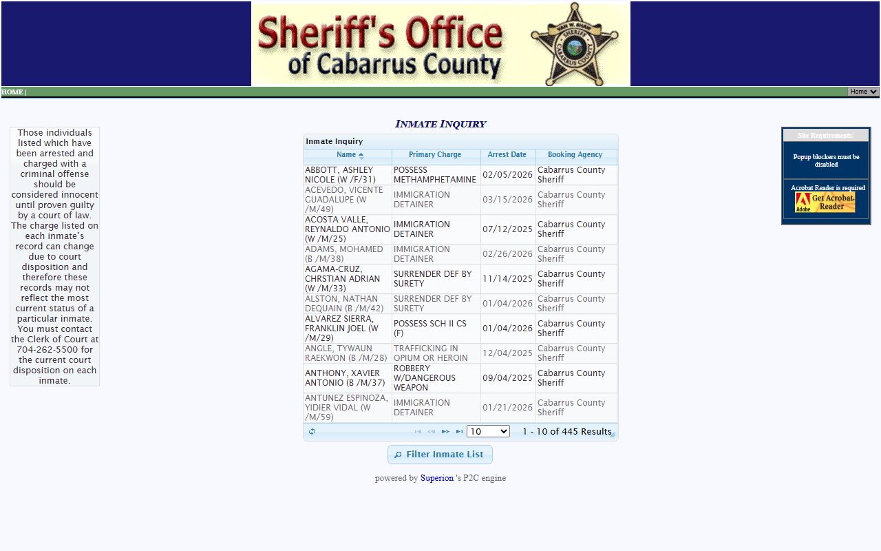 Cabarrus County P2C inmate search portal for booking reports