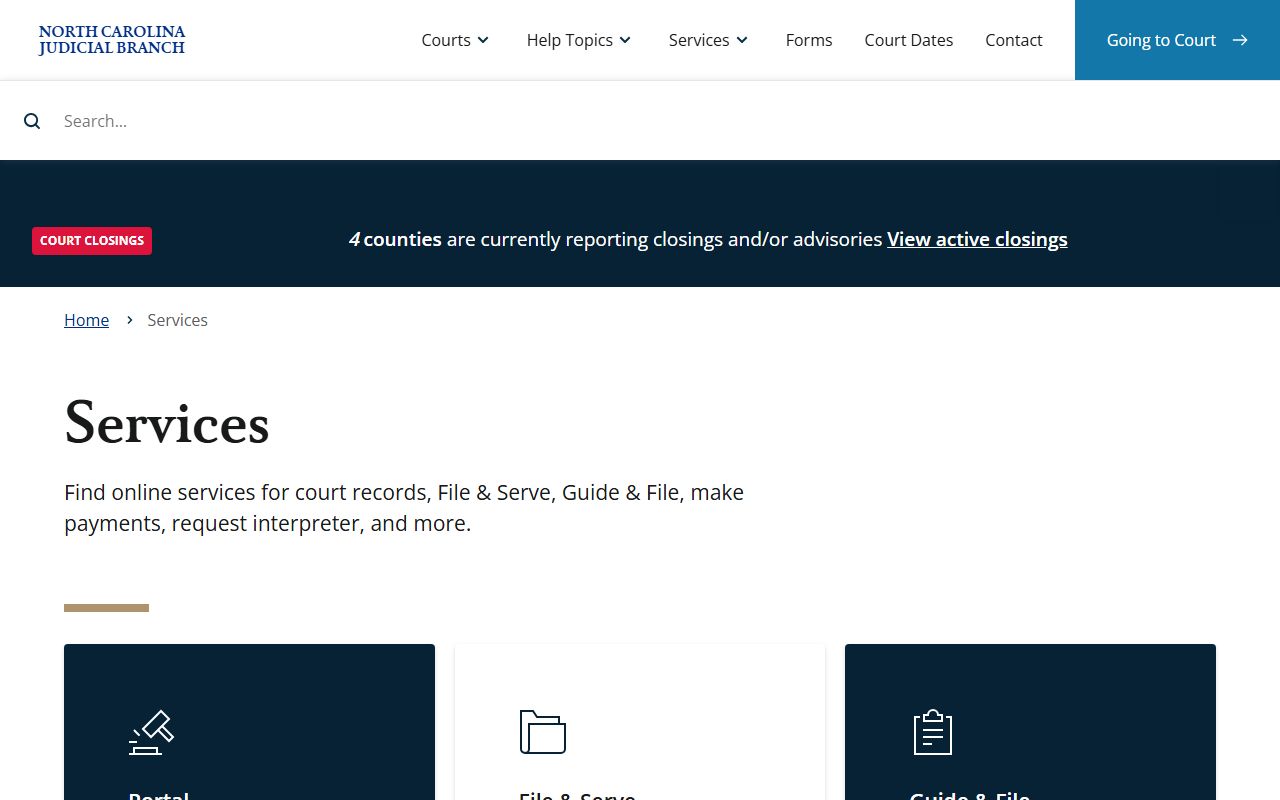 North Carolina Judicial Branch services portal for court and booking records